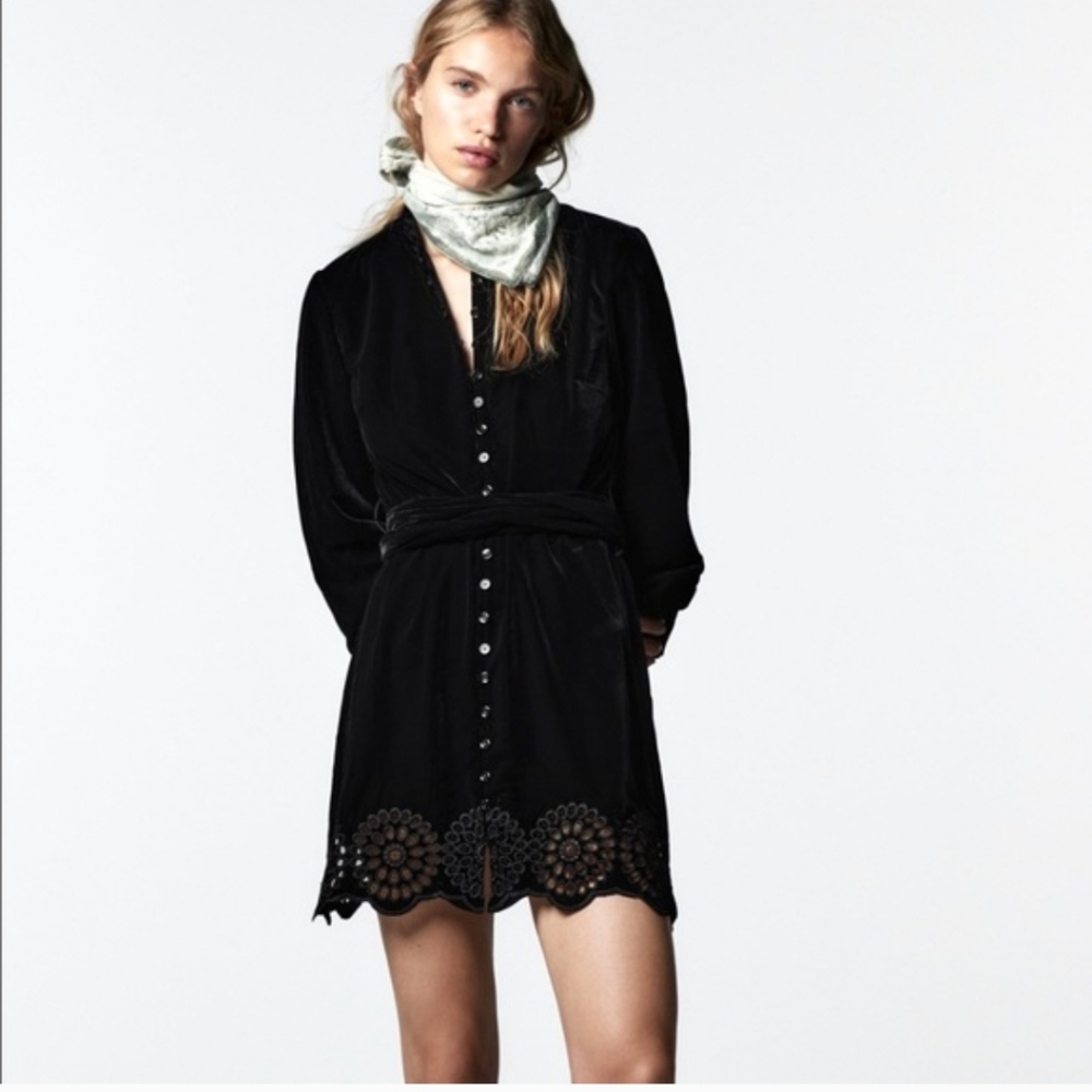 Zara Black Velvet Button Front Mini Dress Sz S